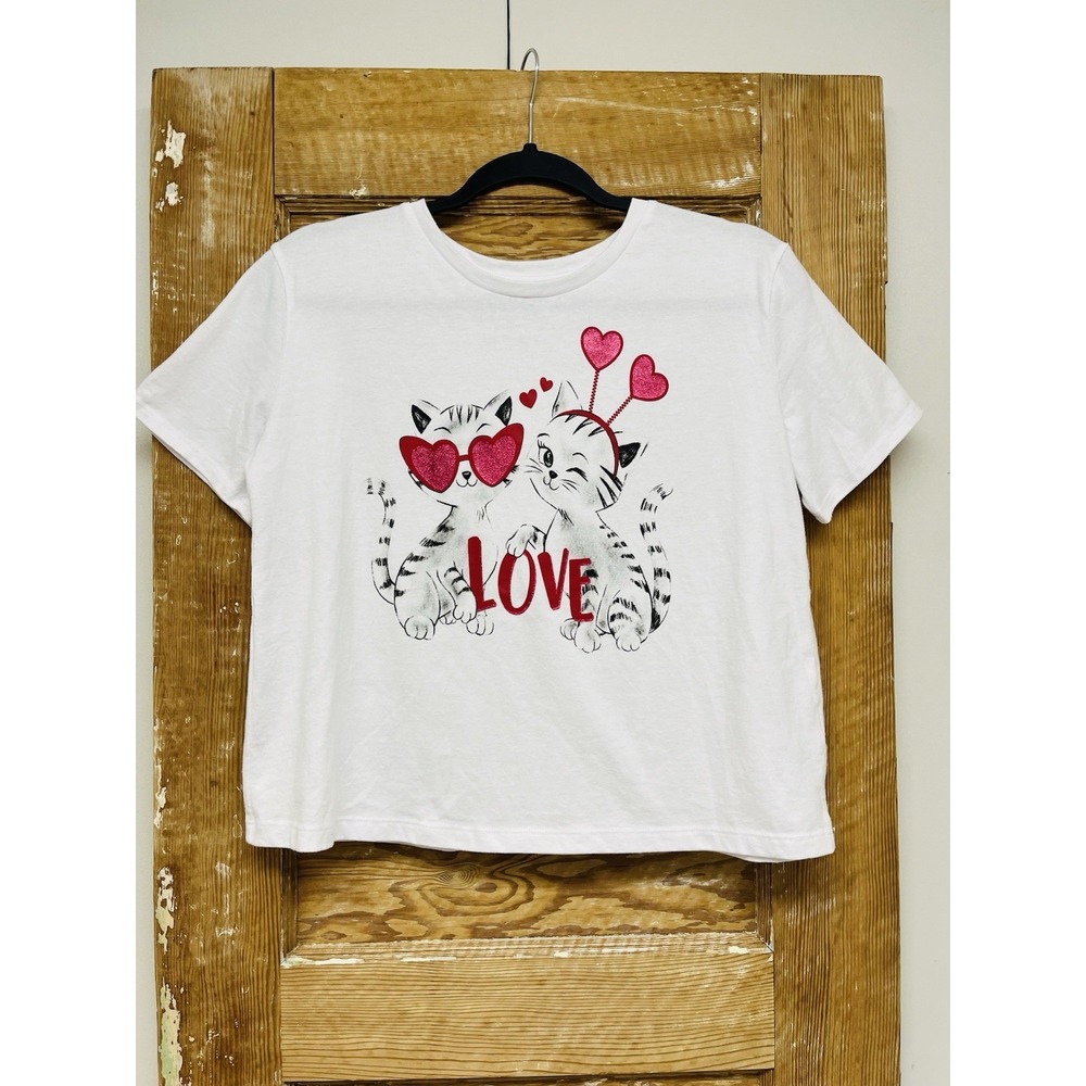 Valentine's Day Youth 18 XXL Tee Love Cats Graphic T-Shirt Novelty Artsy Funky